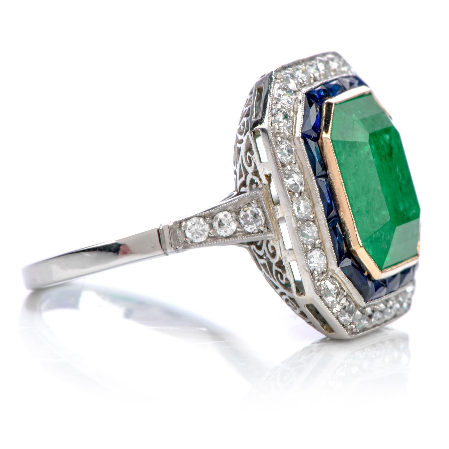 1980s Emerald Diamond Sapphire Platinum 18 Karat Gold Cocktail Ring In Excellent Condition In Miami, FL
