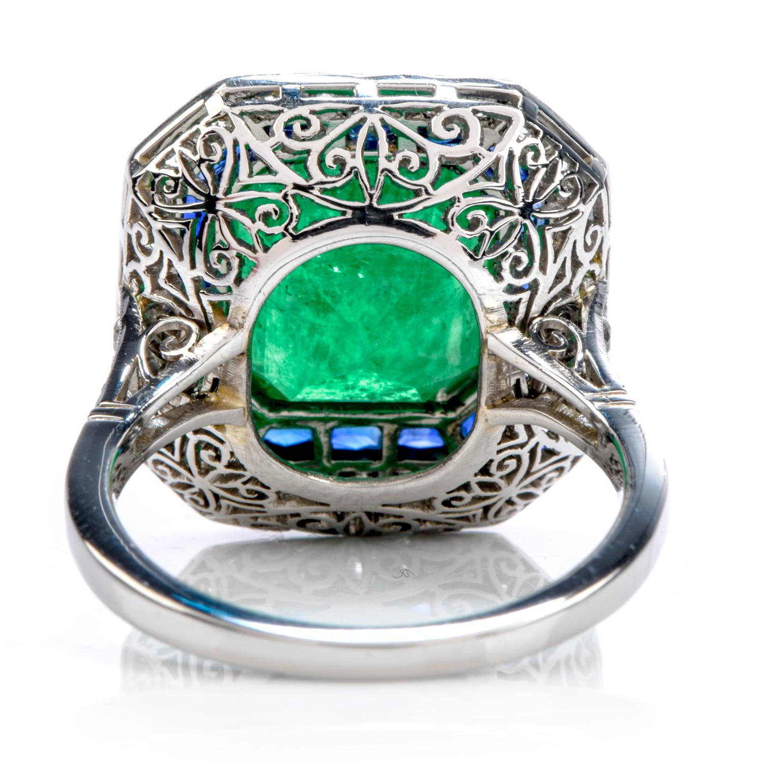Women's or Men's 1980s Emerald Diamond Sapphire Platinum 18 Karat Gold Cocktail Ring
