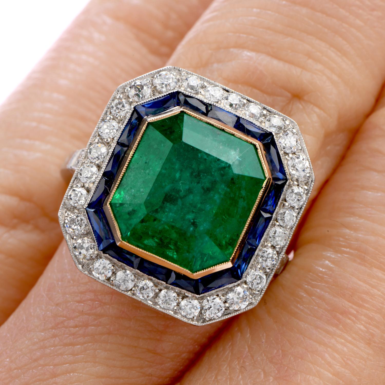 1980s Emerald Diamond Sapphire Platinum 18 Karat Gold Cocktail Ring 1