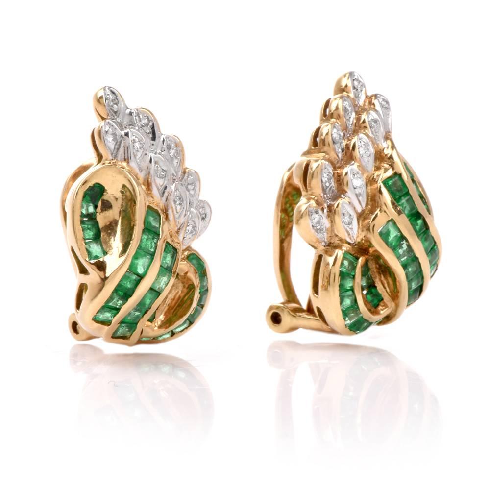 1980s Emerald Diamond Yellow Gold Clip-Back Earrings In Excellent Condition In Miami, FL