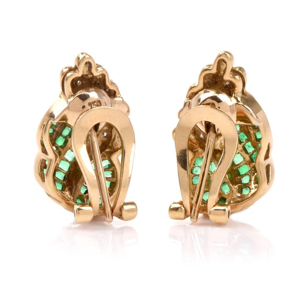 Women's 1980s Emerald Diamond Yellow Gold Clip-Back Earrings