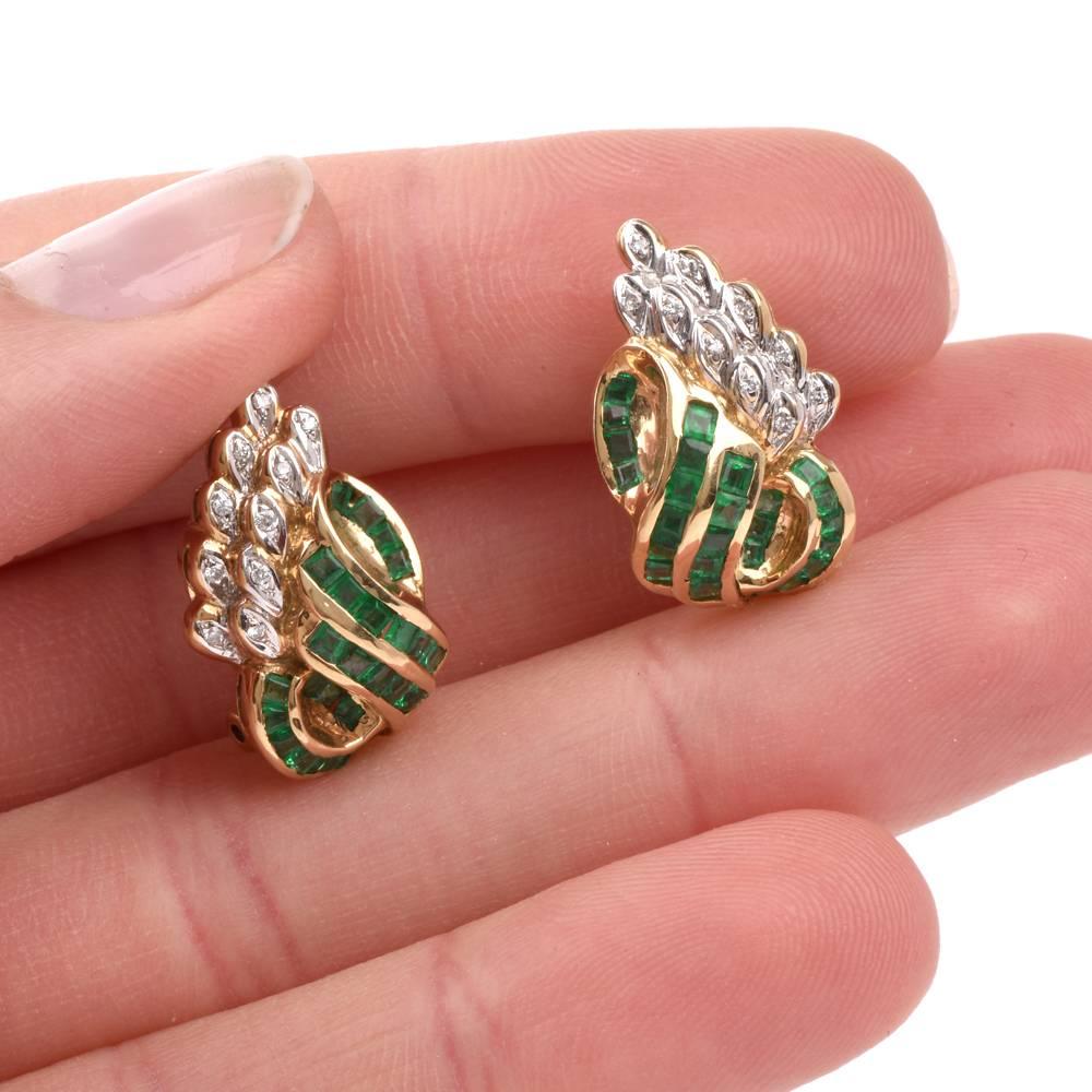 1980s Emerald Diamond Yellow Gold Clip-Back Earrings 2