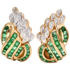 1980s Emerald Diamond Yellow Gold Clip-Back Earrings