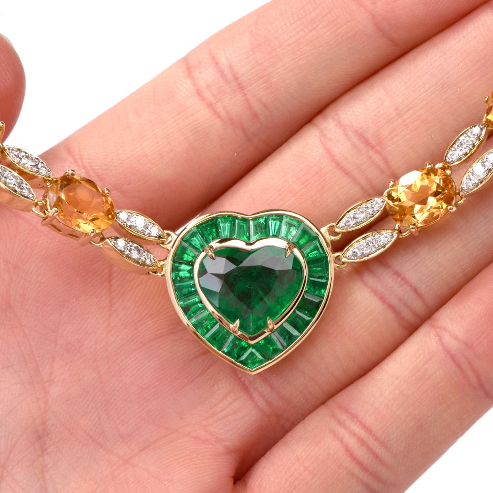 1980s Emerald Heart Diamond Citrine 18 Karat Yellow Gold Choker Necklace In Excellent Condition In Miami, FL