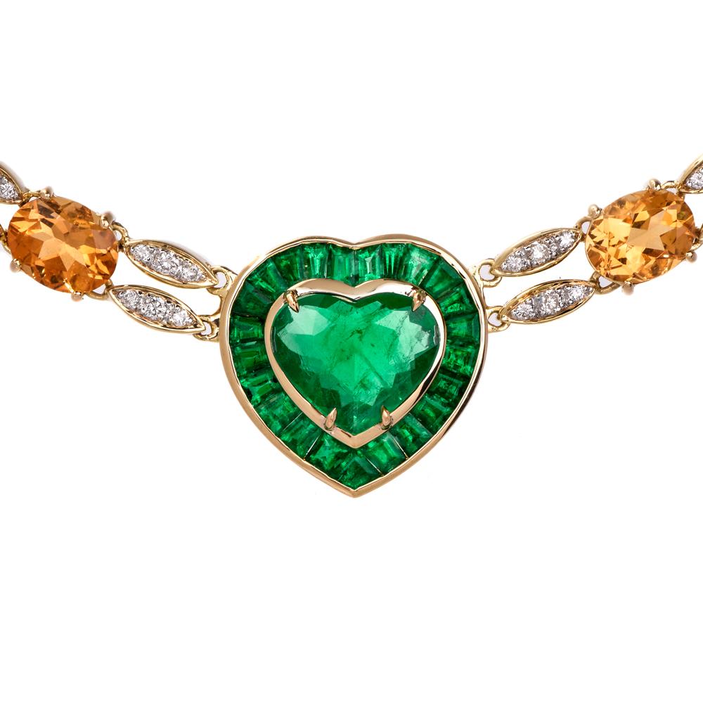 Women's 1980s Emerald Heart Diamond Citrine 18 Karat Yellow Gold Choker Necklace