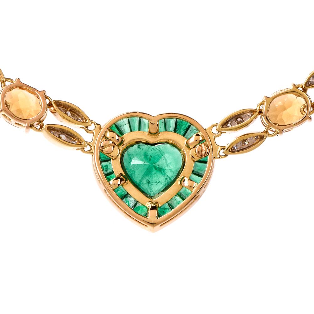 1980s Emerald Heart Diamond Citrine 18 Karat Yellow Gold Choker Necklace 1