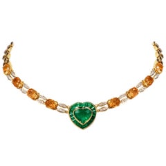 1980s Emerald Heart Diamond Citrine 18 Karat Yellow Gold Choker Necklace