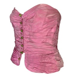 1980s Emmanuel Ungaro Parallèle Pink Ruched Nylon Green Gem Corset Bustier Top