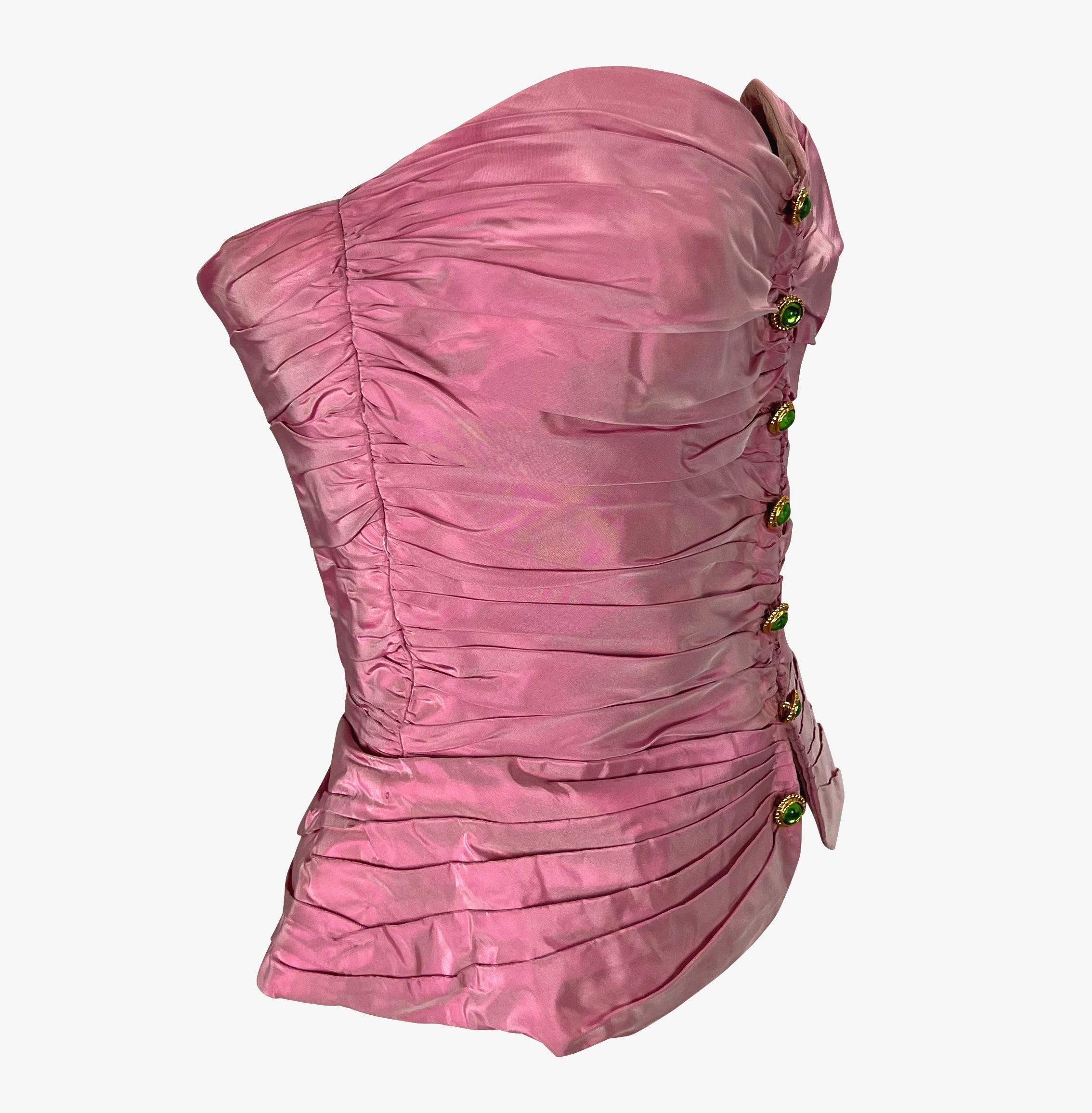1980s Emmanuel Ungaro Parallèle Pink Ruched Nylon Green Gem Corset Bustier Top In Good Condition In West Hollywood, CA