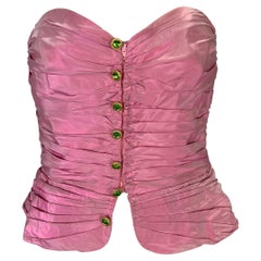 1980 Emmanuel Ungaro Parallèle Rose Ruched Nylon Green Gem Corset Bustier Top