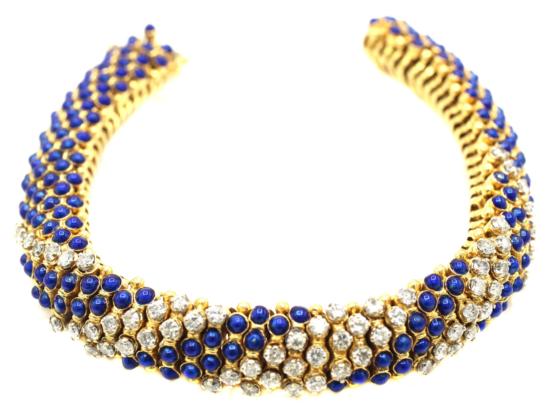 Pulsera de asta de barbero de oro amarillo con esmalte y diamantes de los años 80 en Bueno estado para la venta en New York, NY