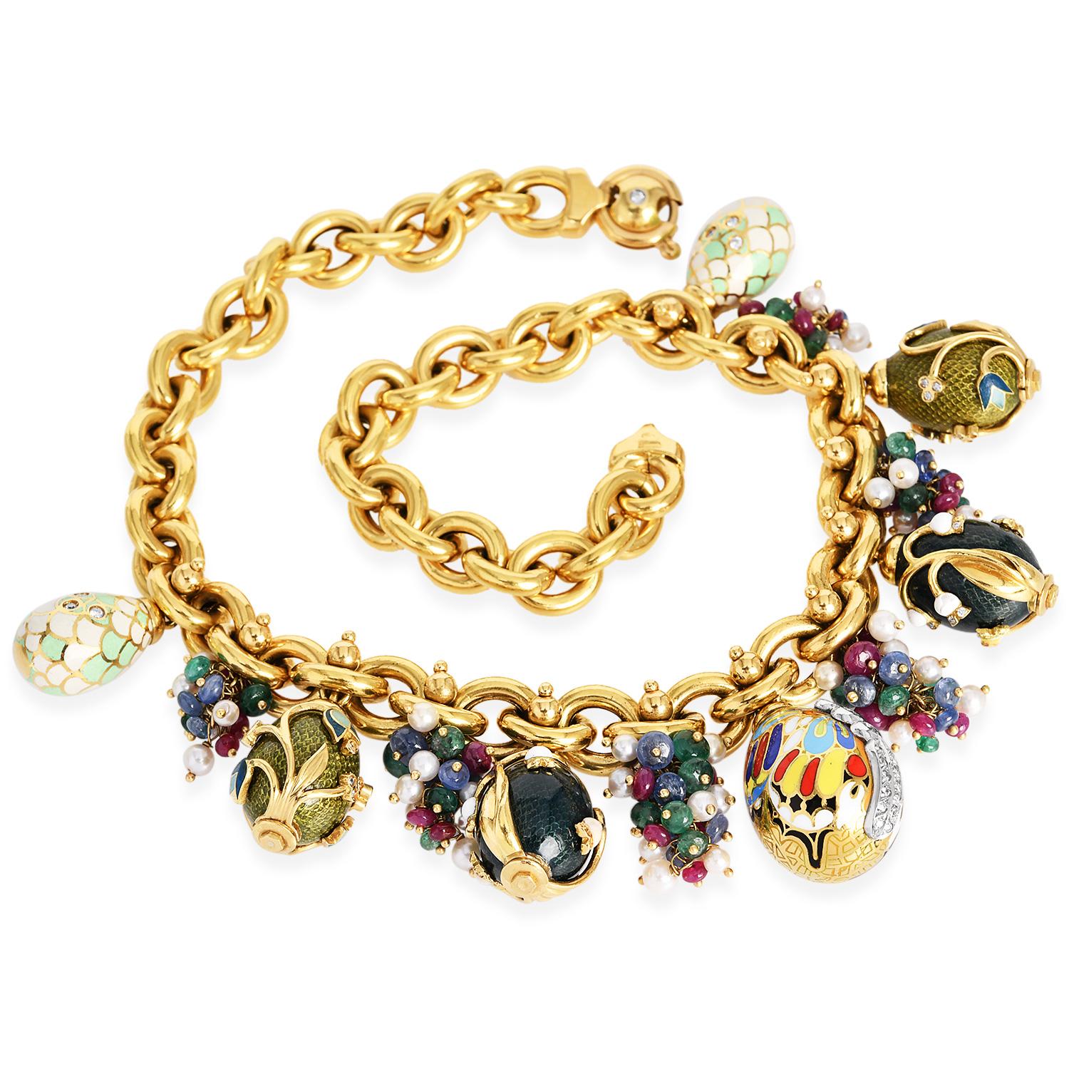 Presenting a Statement necklace crafted in 18K Yellow oval links with Ruby, emerald, pearl, and sapphire beaded charms alternating natural diamonds and enamel decorated on 18k enameled Eggs Secured with a spring ring with Diamond Clasp. 

Metal: 18K