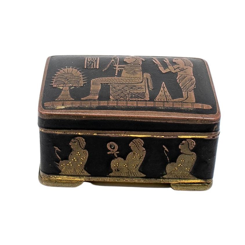 1980s English metal black trinket box with Egyptian art decoration.