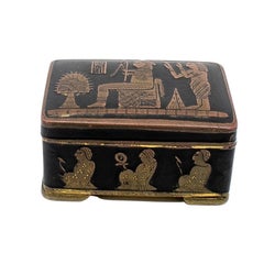 1980s English Metal Black Trinket Box with Egyptian Art Decoration
