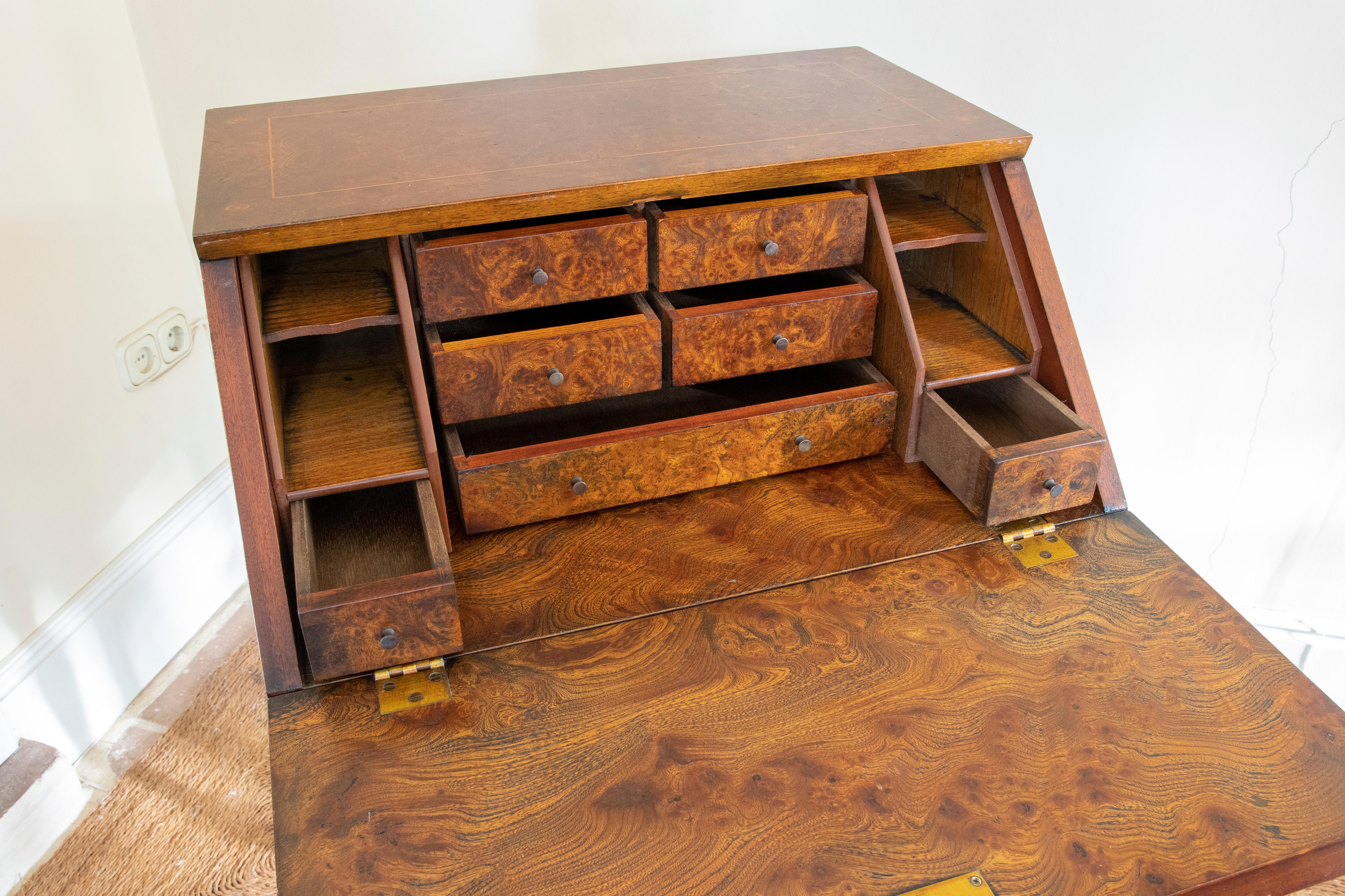 Mahogany 1980s English Root Wood Writing Desk with Door and Drawers  For Sale