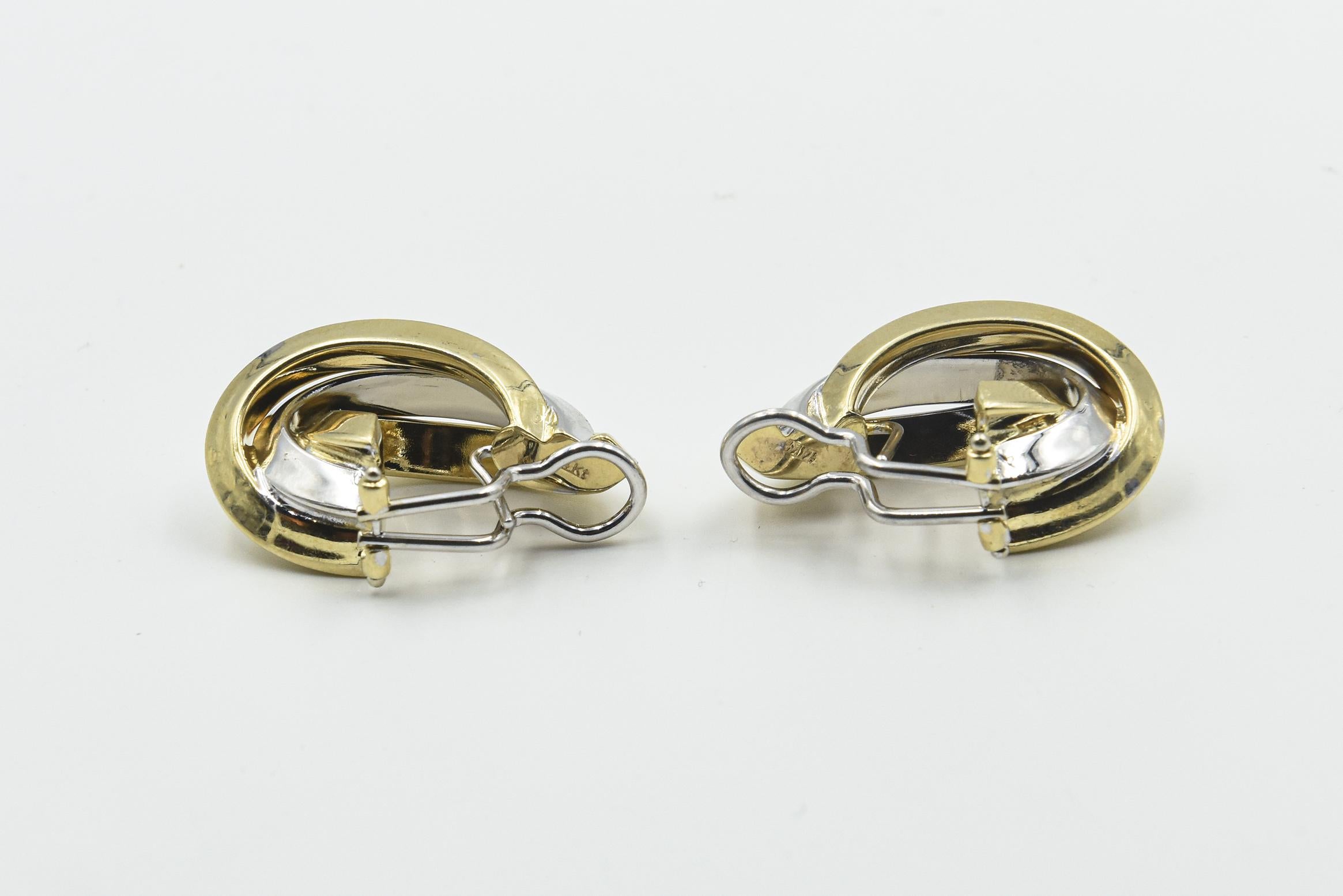 1980s Entwined White and Yellow Gold Elongated Hoop Earrings For Sale 2
