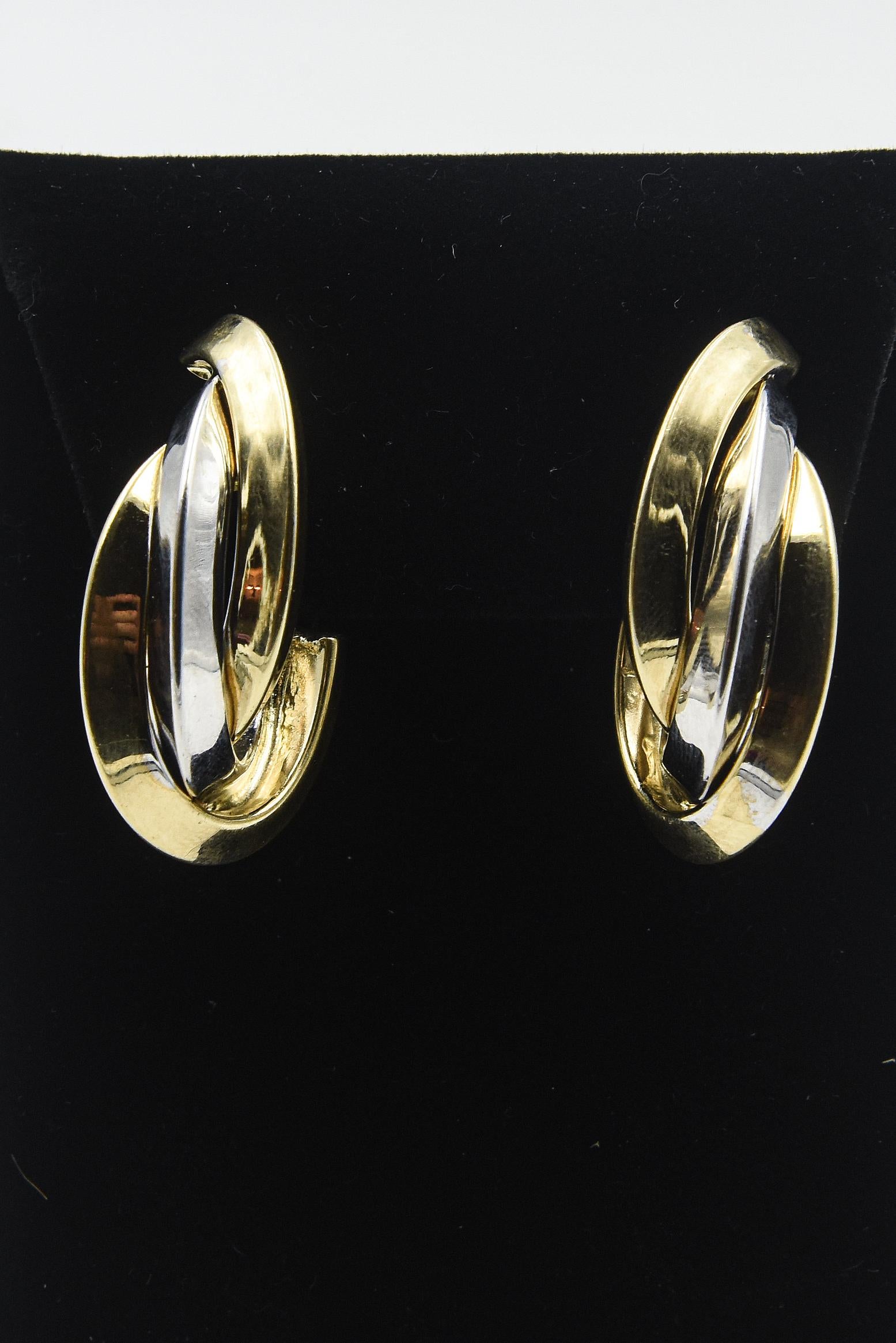 1980s Entwined White and Yellow Gold Elongated Hoop Earrings For Sale 5