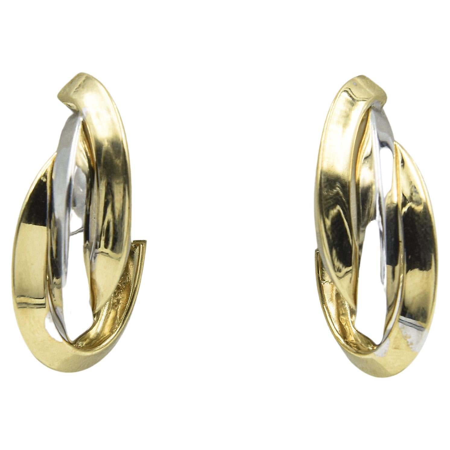 1980er Jahre Verflochtene Ohrringe aus Weiß- und Gelbgold mit länglichem Ring im Angebot