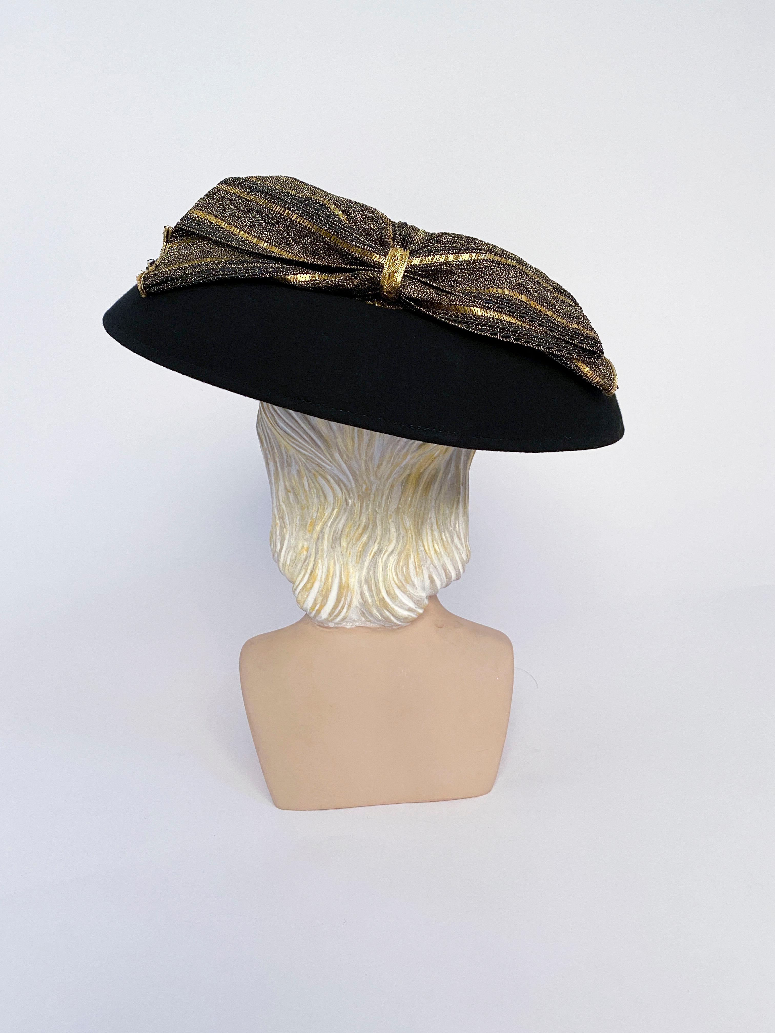 Women's 1980s Eric Javits Black Picture Hat With Gold Crown and Bow