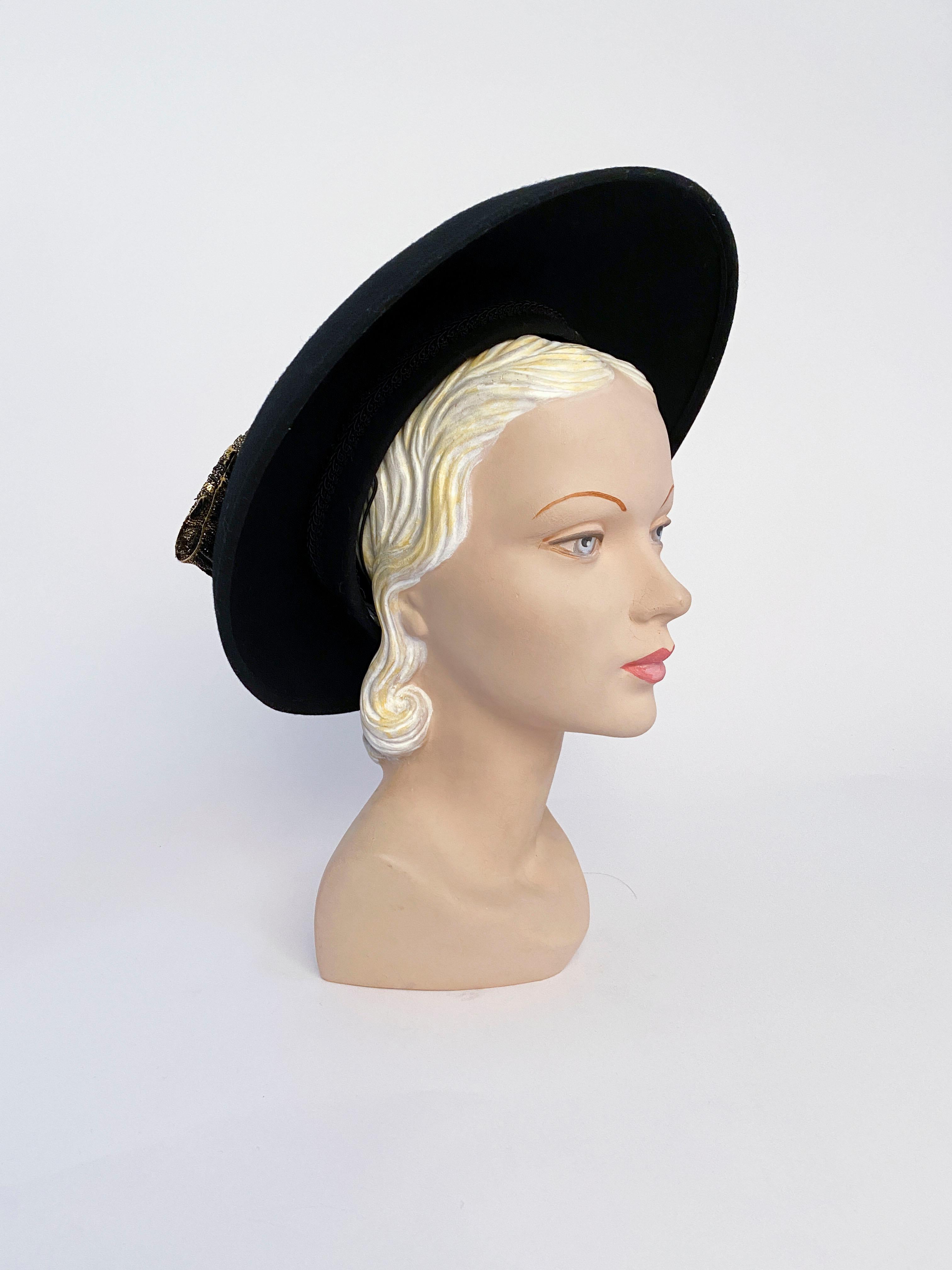 1980s Eric Javits Black Picture Hat With Gold Crown and Bow 1