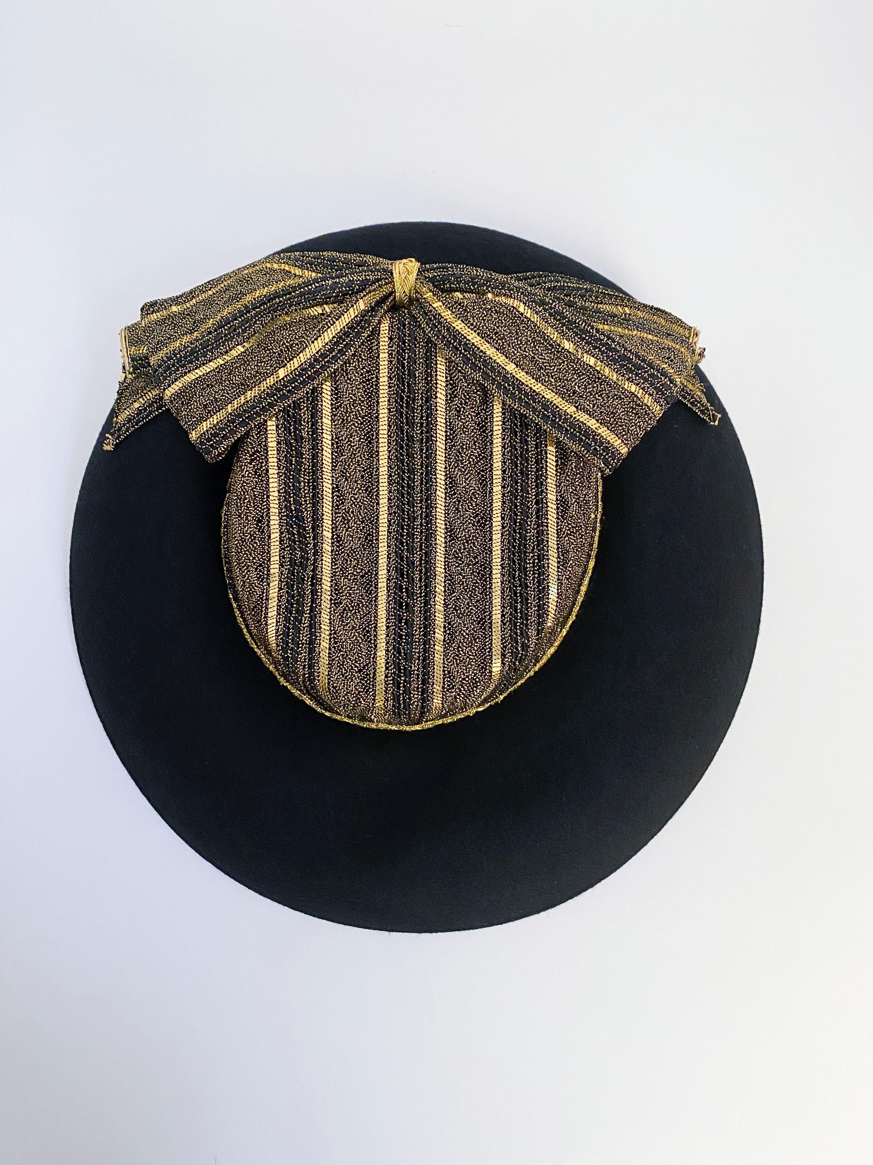 1980s Eric Javits Black Picture Hat With Gold Crown and Bow 2