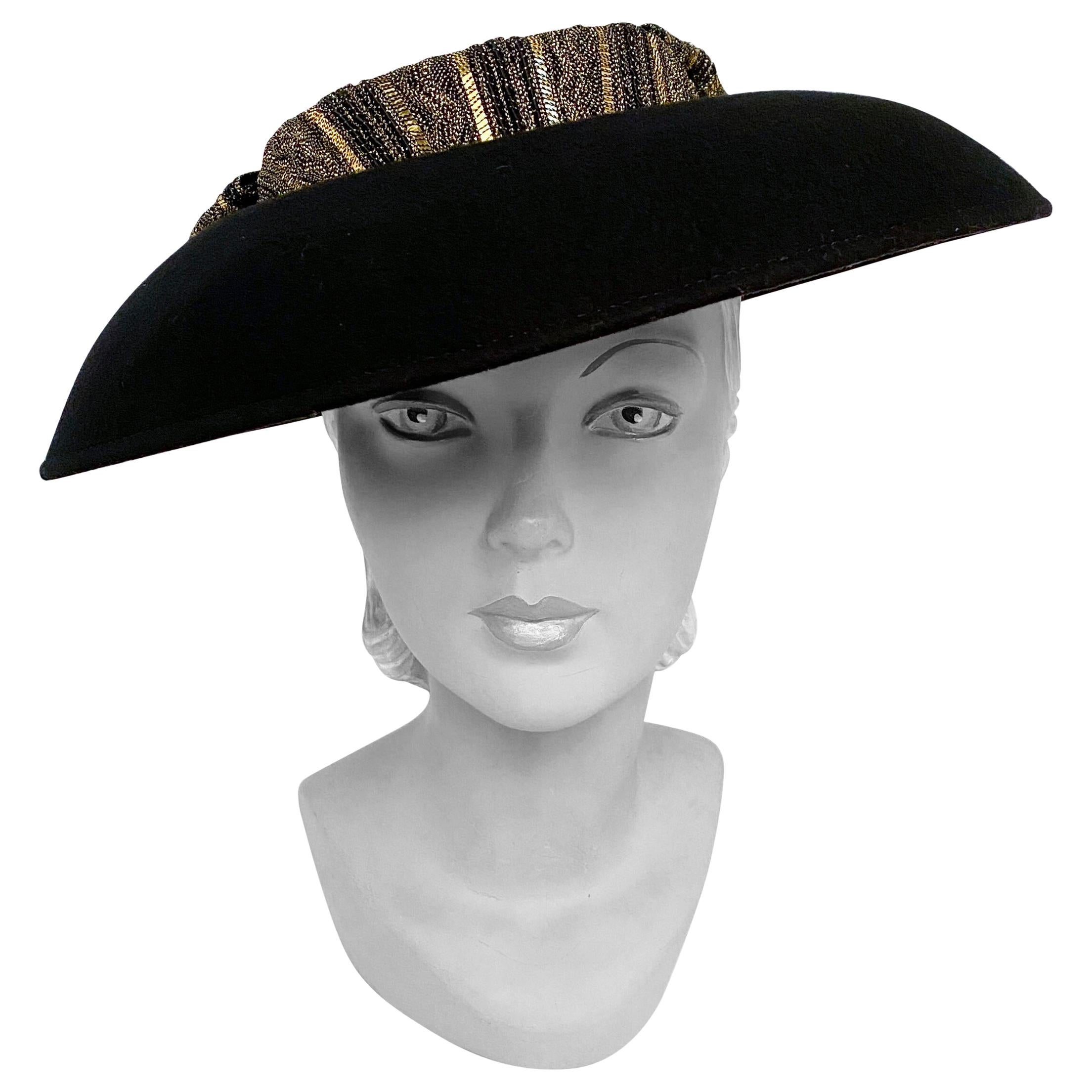 1980s Eric Javits Black Picture Hat With Gold Crown and Bow