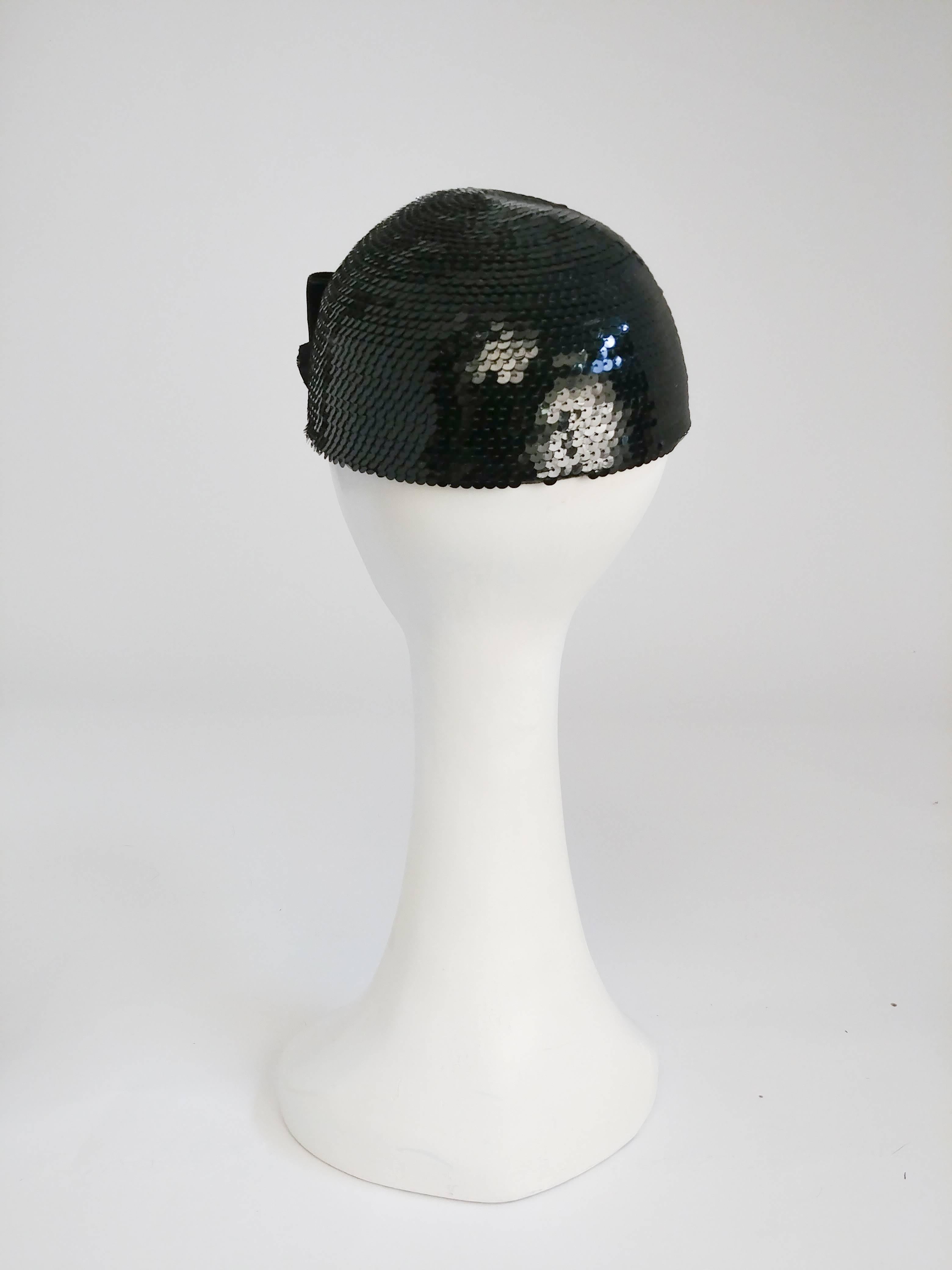 Women's or Men's Eric Javits Black Sequin Cap with Velvet Bow, 1980s 