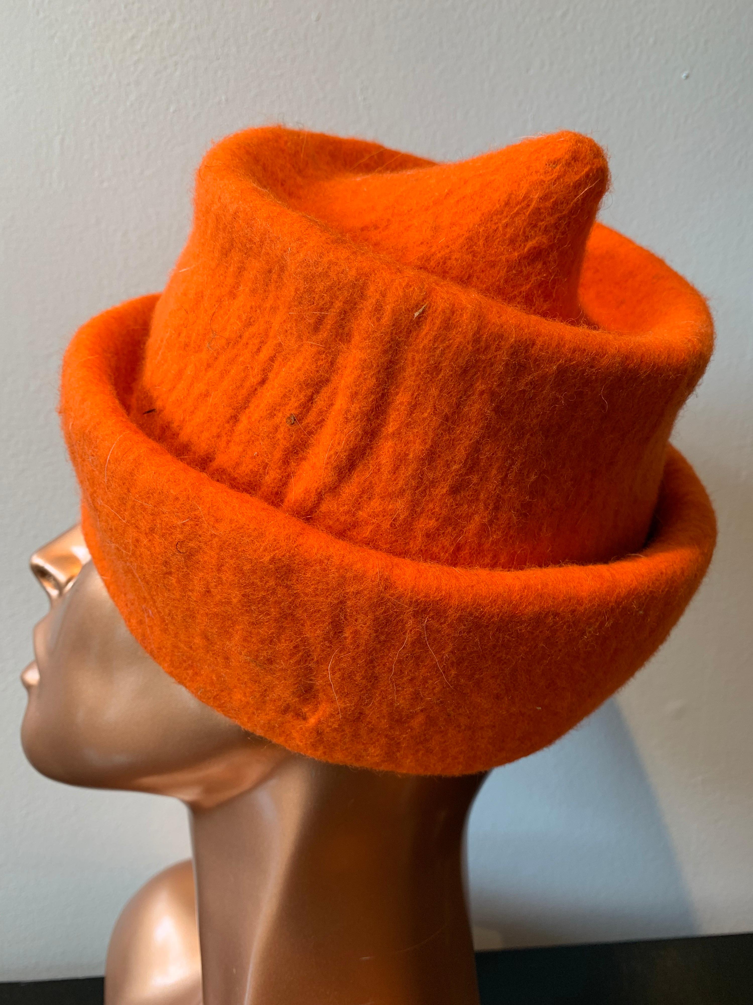 1980s Erratica by Jean Hicks Vibrant Orange Molded Wool Felt Pagoda Shaped Hat. Made in Seattle. Art to wear. Perfect compliment to our Genny Coat by Gianni Versace in coordinating color! See listings.