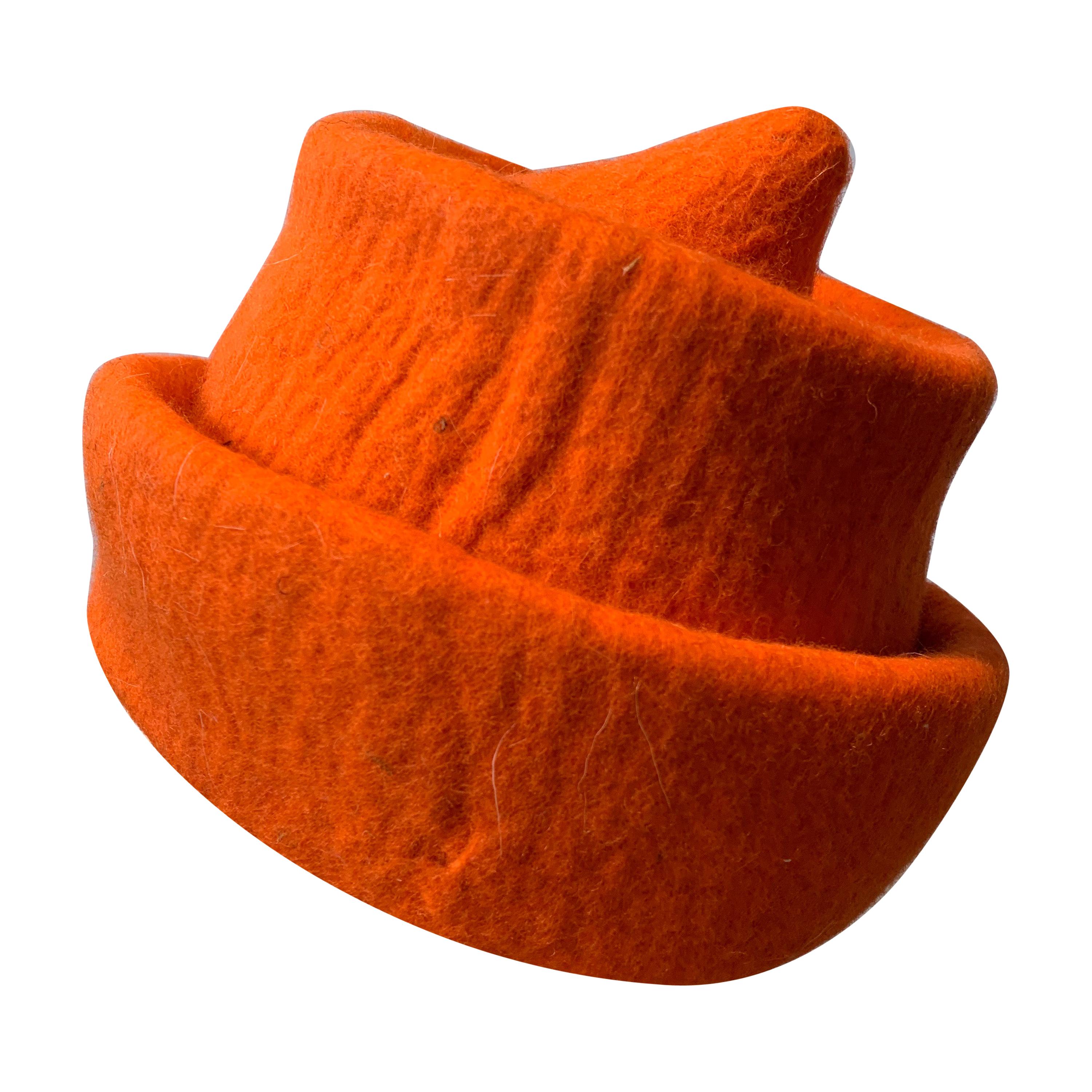 1980s Erratica by Jean Hicks Vibrant Orange Molded Wool Felt Pagoda Shaped Hat 