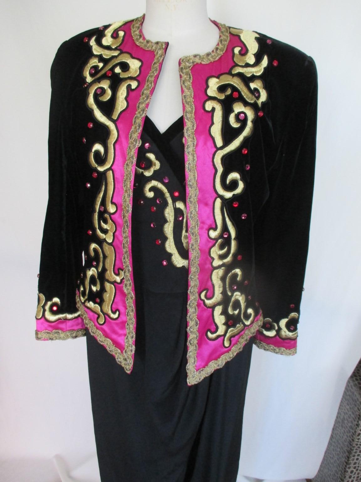 Rare Escada by Margaretha Ley gold/velvet/black/pink/rhinestones ladies evening/party jacket and dress.

We offer more exclusive items, view our front store.

Details:
Vintage 1980's
Can be worn on jeans or at events
Pre loved condition
Size is