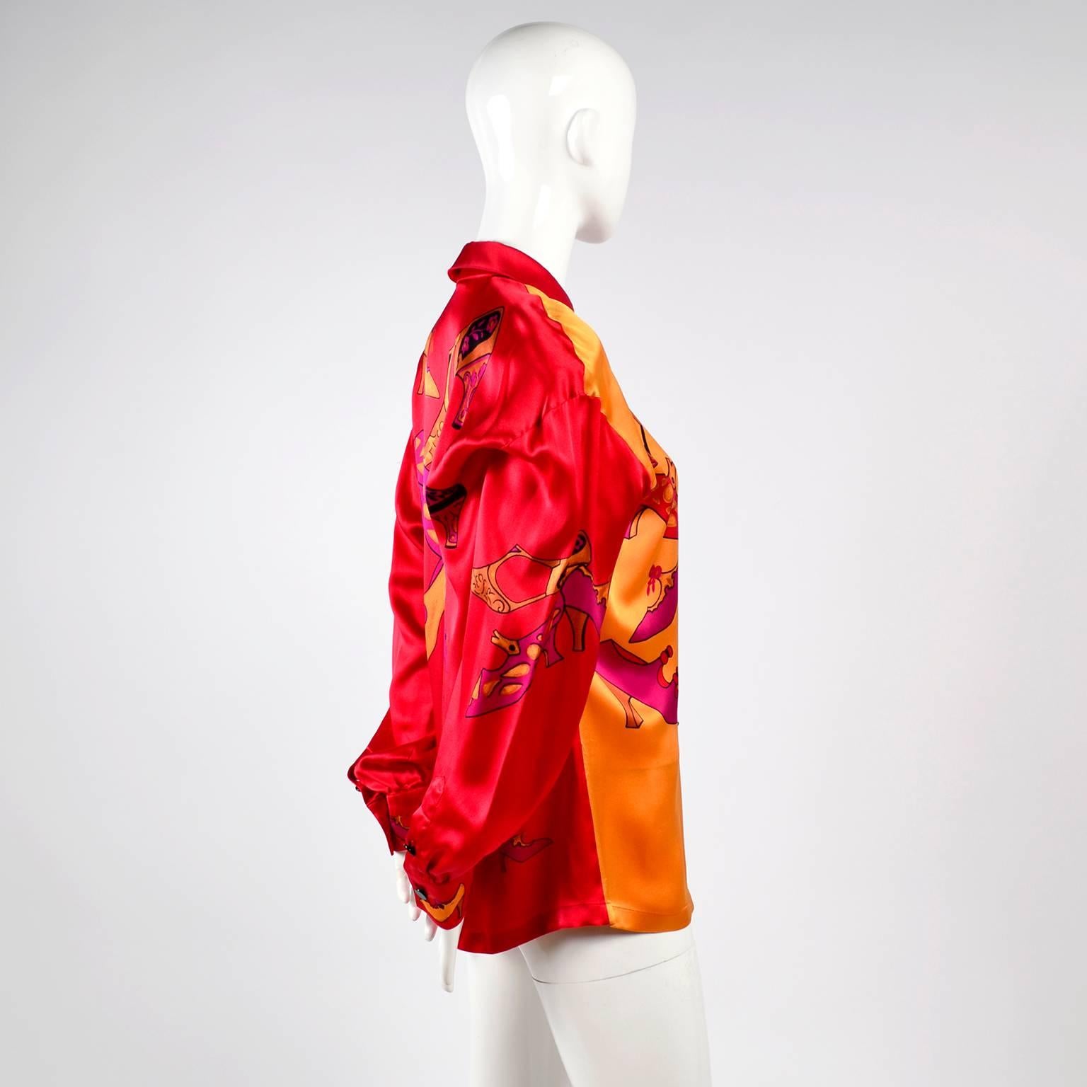 1980s Escada Blouse in Silk Novelty Print w Stylized Shoes in Red Pink and Gold 1