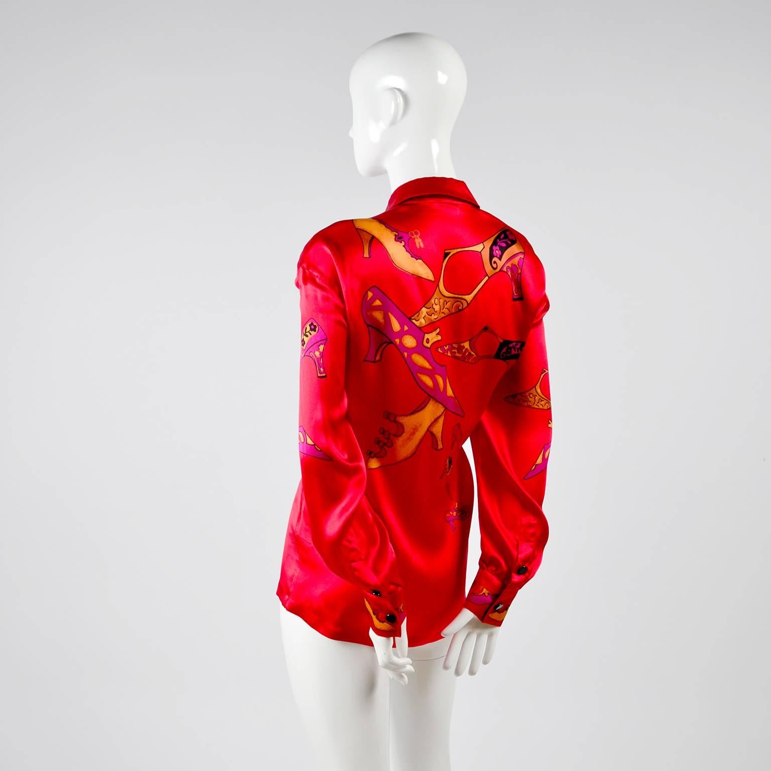 1980s Escada Blouse in Silk Novelty Print w Stylized Shoes in Red Pink and Gold 3