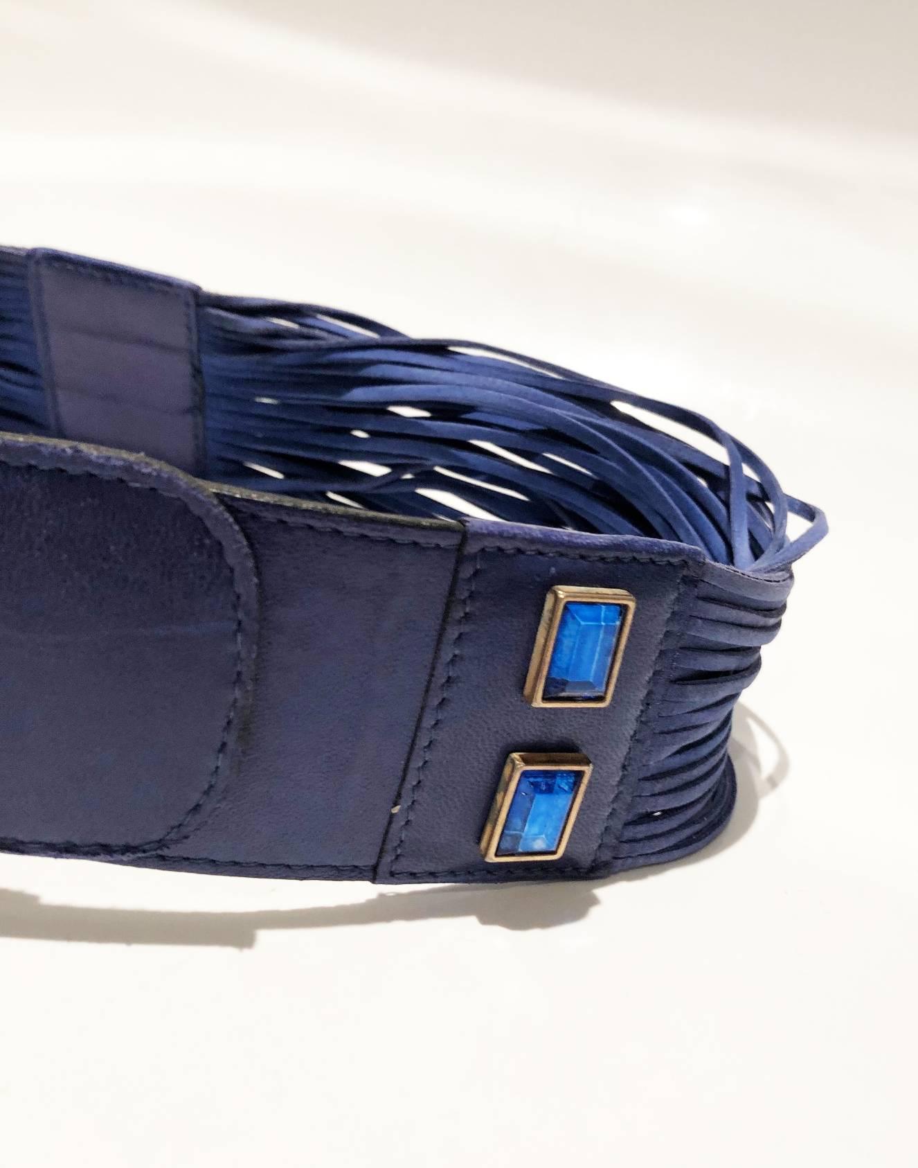 Black 1980s Escada Bright Blue rhinestone suede leather fringe high waisted belt  For Sale