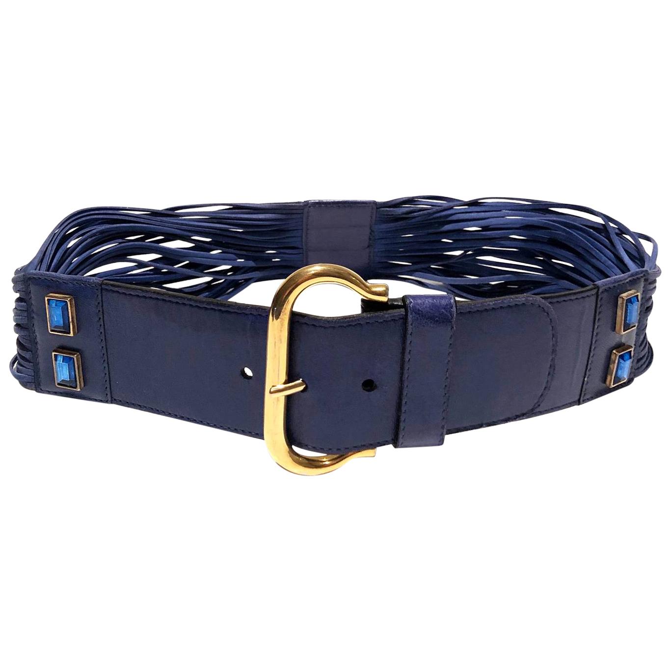 1980s Escada Bright Blue rhinestone suede leather fringe high waisted belt 