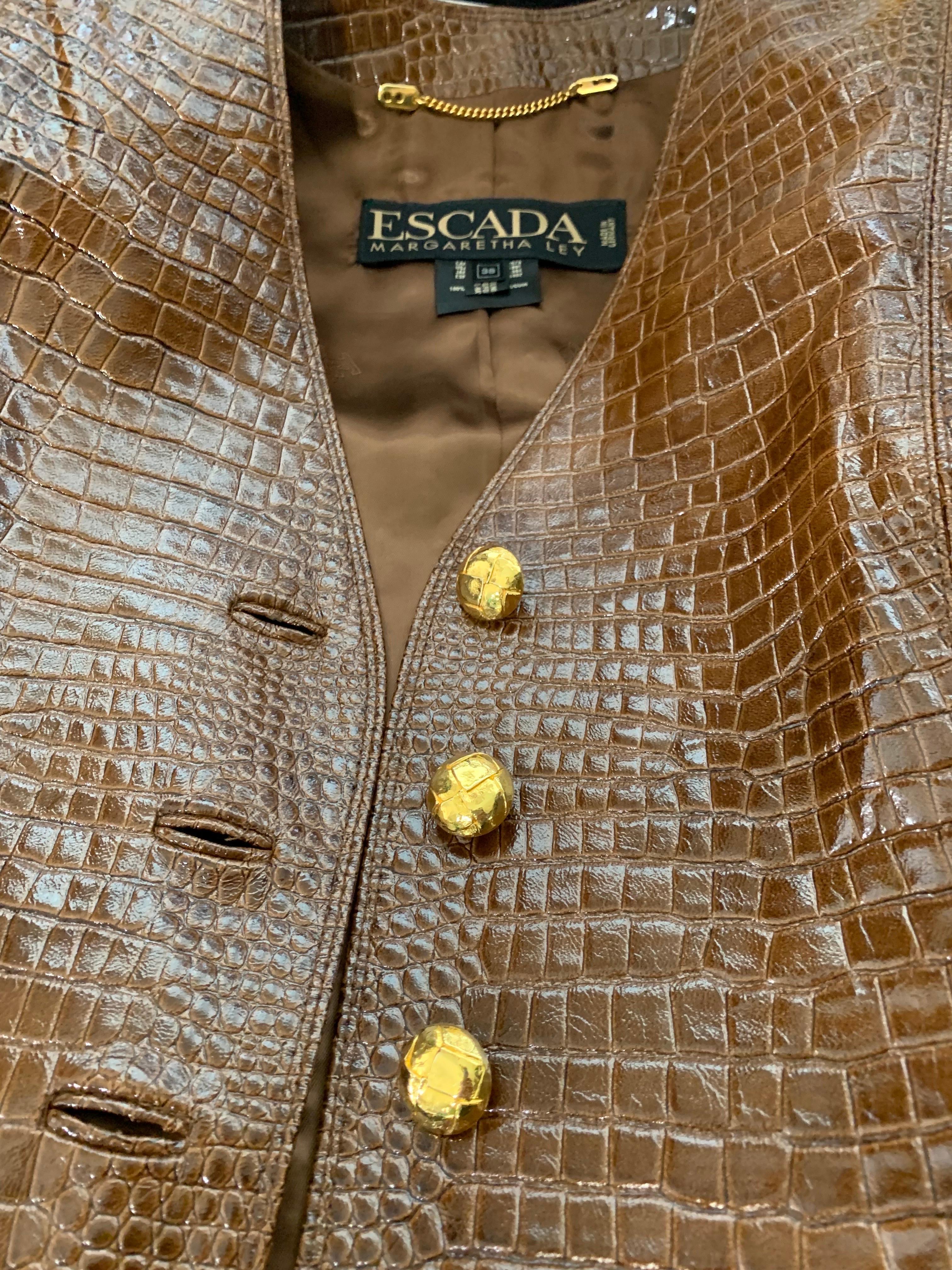 1980s Escada Brown Patent Leather Crocodile Embossed Skirt Suit w Gold Buttons For Sale 6
