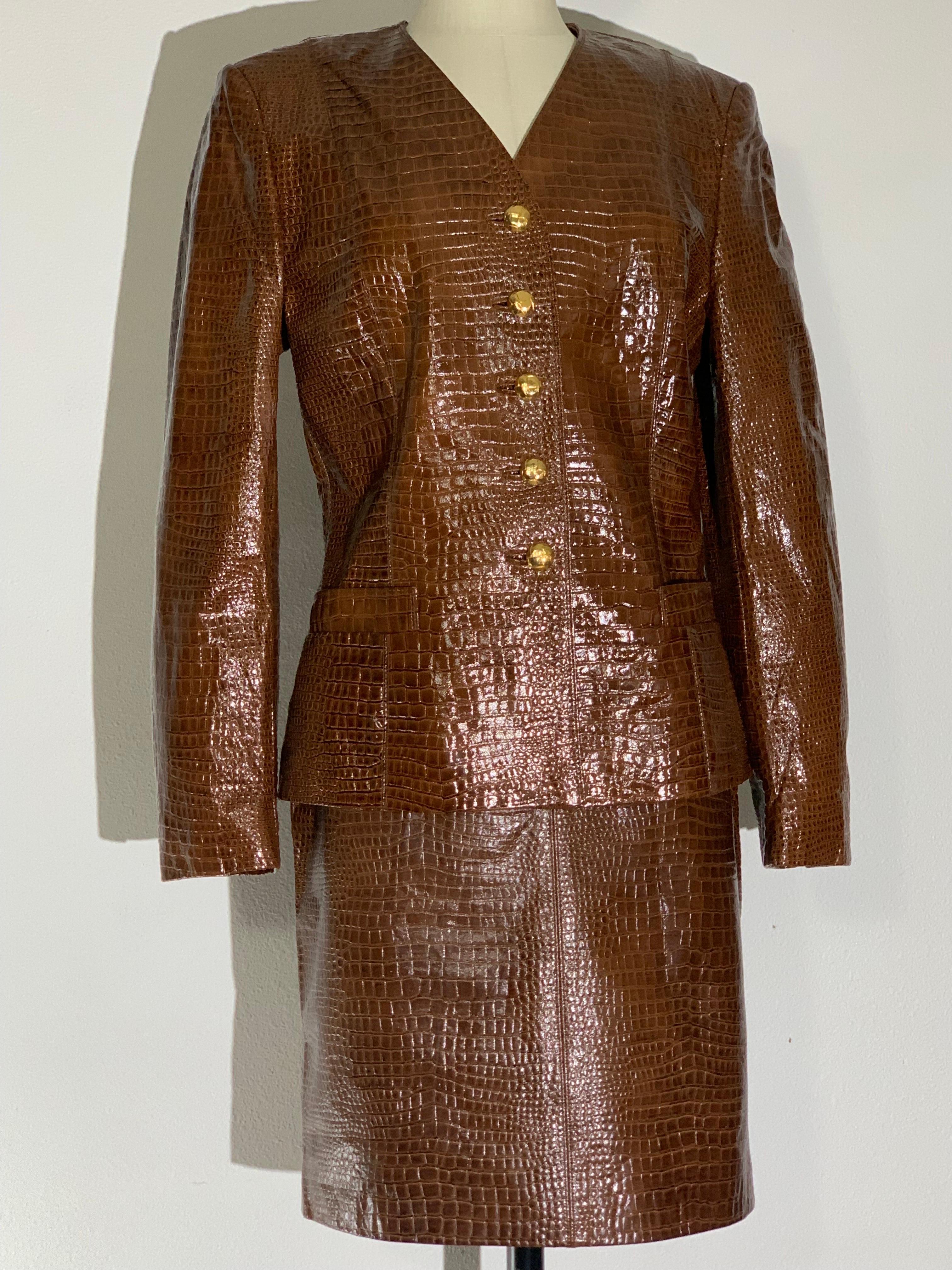 1980s Escada Brown Patent Leather Crocodile Embossed Skirt Suit w Gold Buttons In Excellent Condition For Sale In Gresham, OR