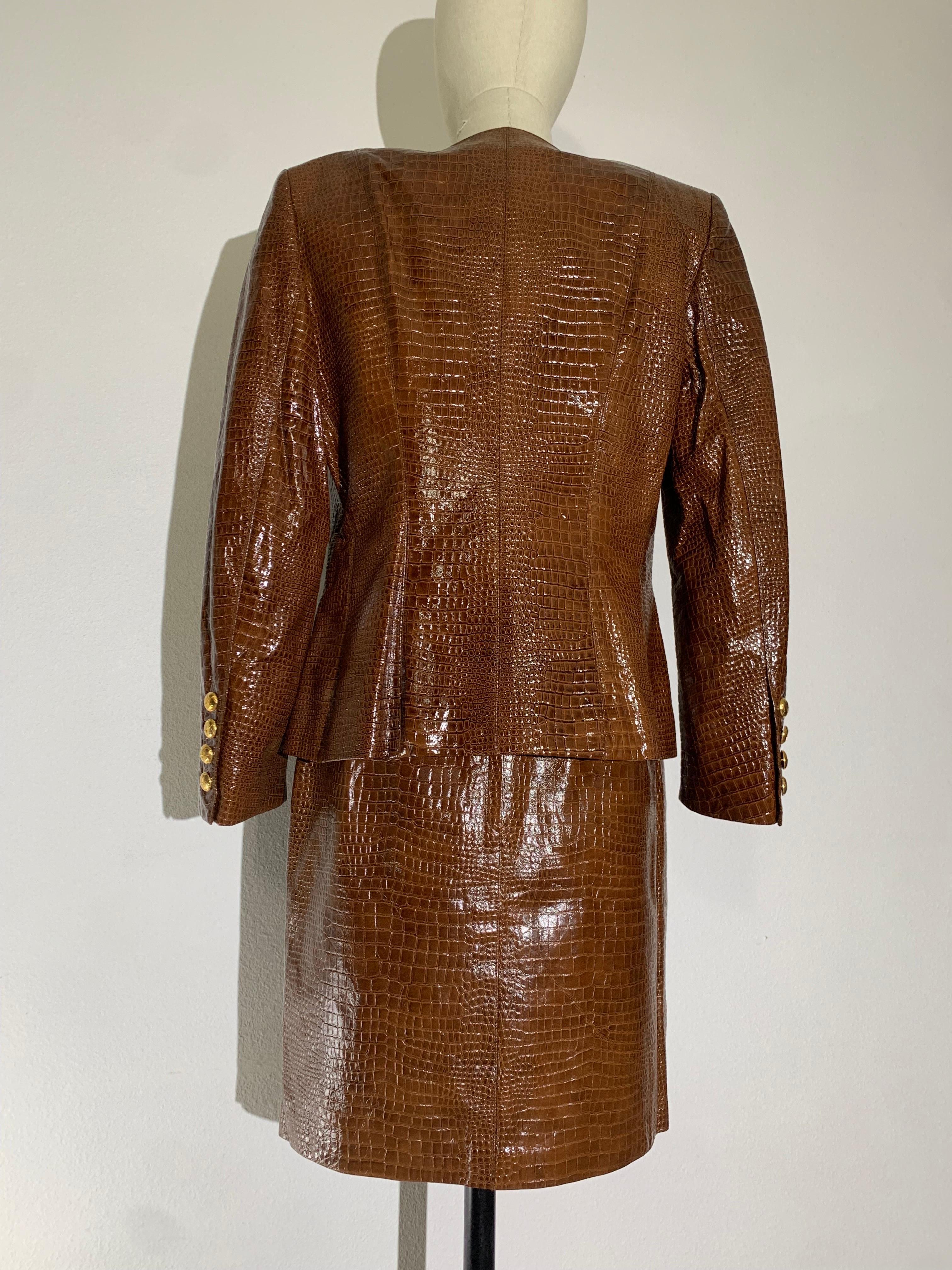 1980s Escada Brown Patent Leather Crocodile Embossed Skirt Suit w Gold Buttons For Sale 1