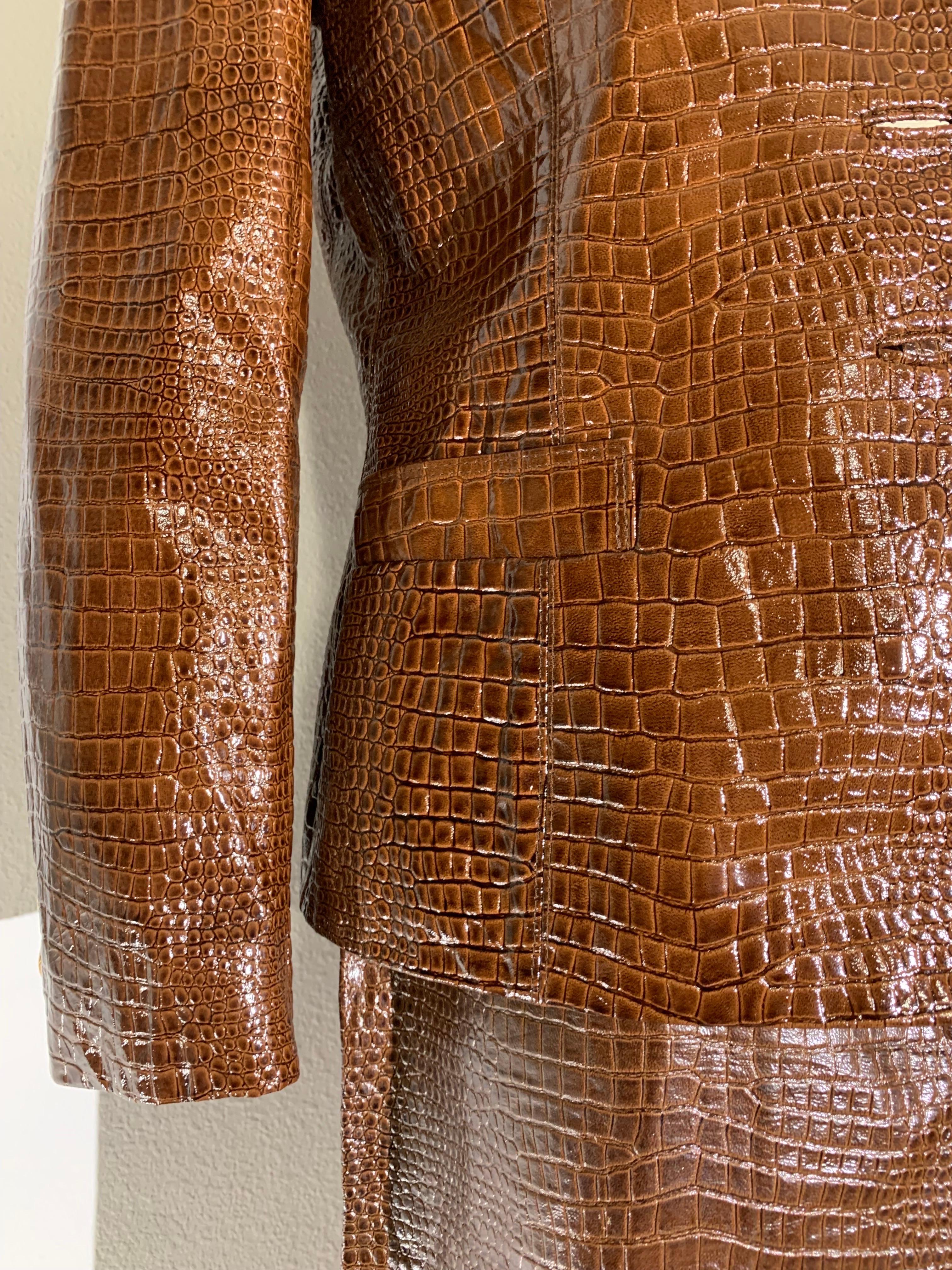 1980s Escada Brown Patent Leather Crocodile Embossed Skirt w Gold Buttons en vente 3