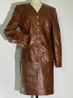 1980s Escada Brown Patent Leather Crocodile Embossed Skirt Suit w Gold Buttons