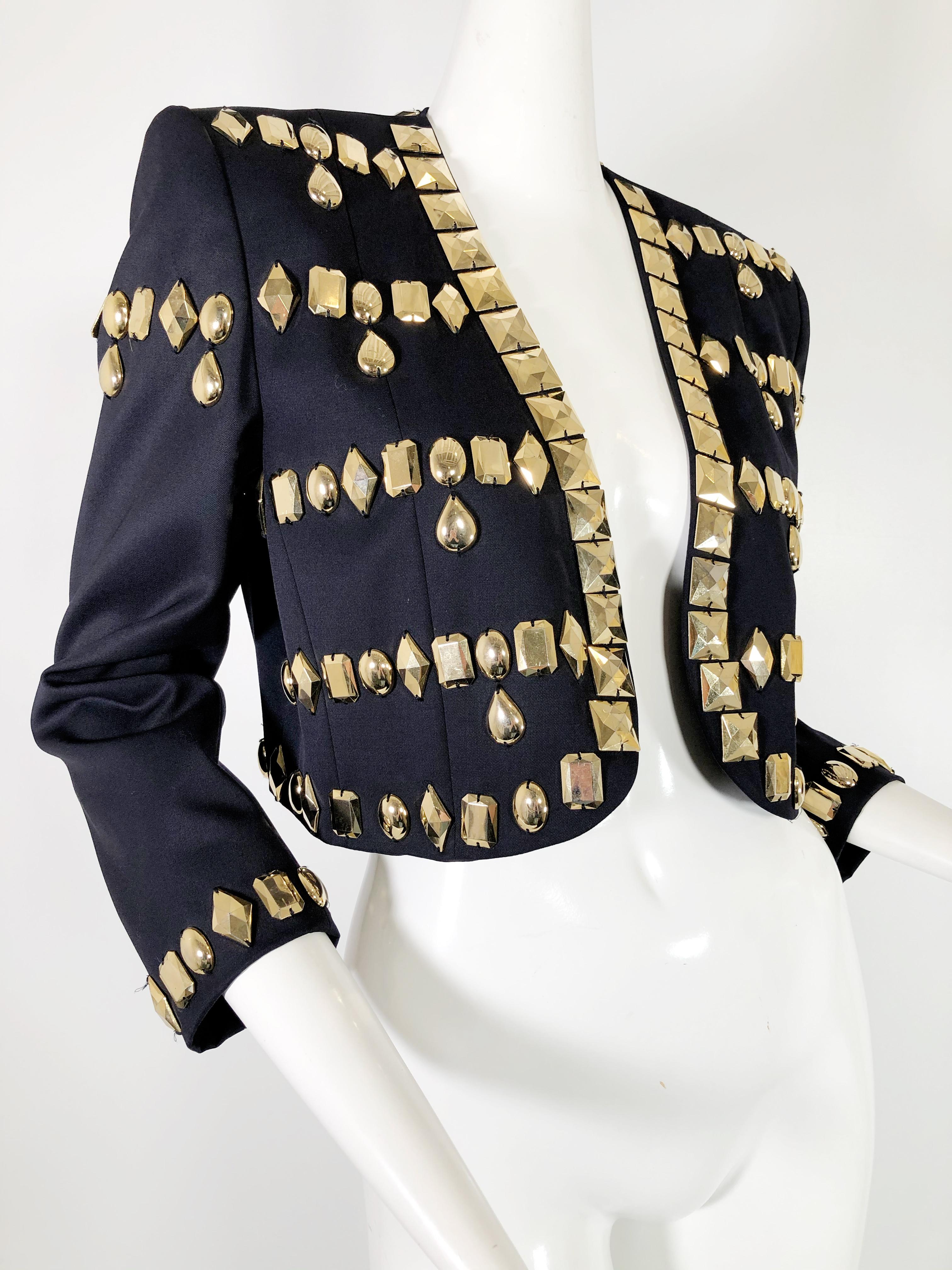 1980s Escada by Margaretha Ley black wool gabardine bolero jacket with faceted gold resin jewels.  Silk lining. 