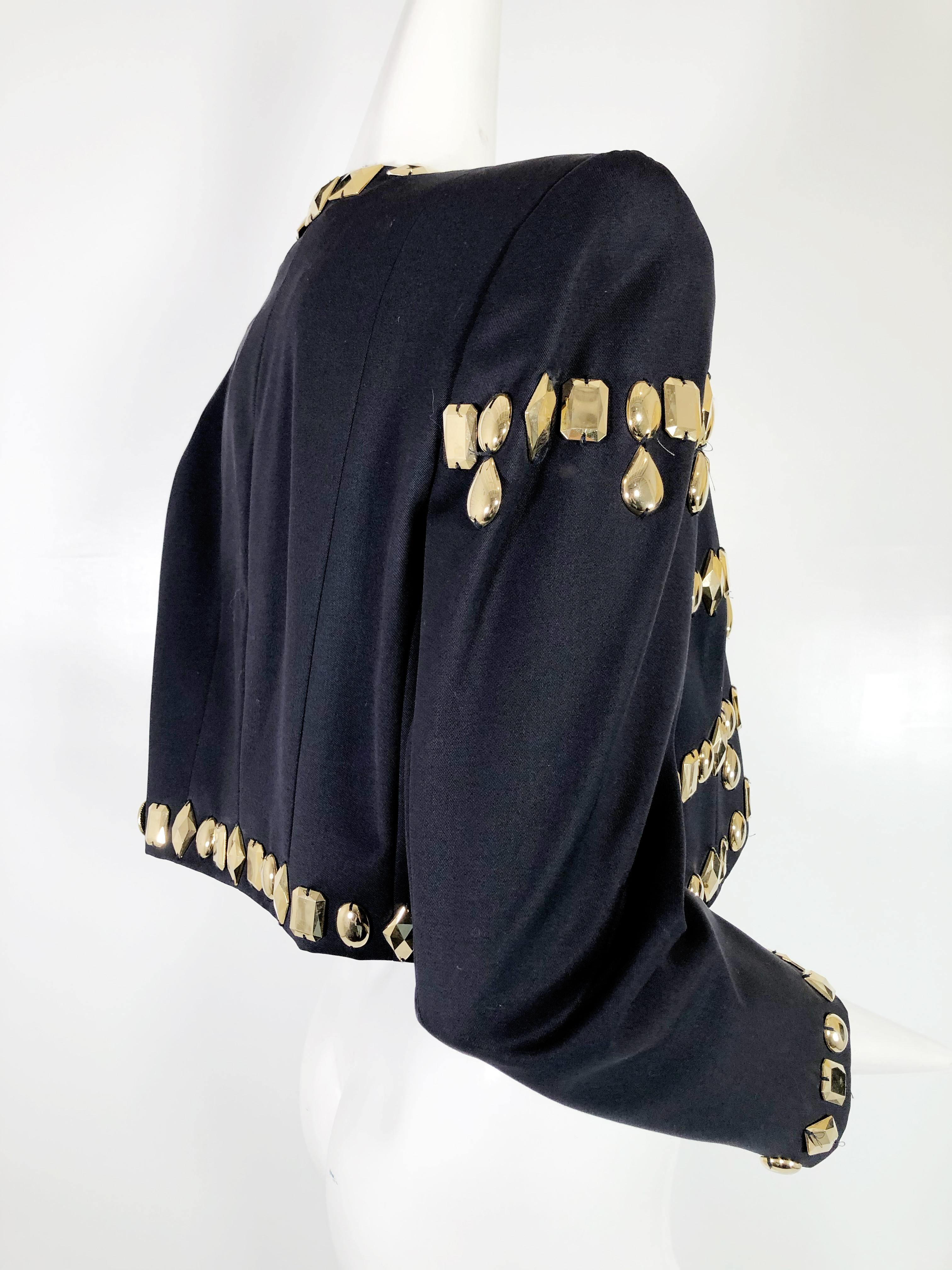 1980s Escada by Margaretha Ley Black Wool Gabardine Jacket w Gold Resin Studding In Excellent Condition In Gresham, OR