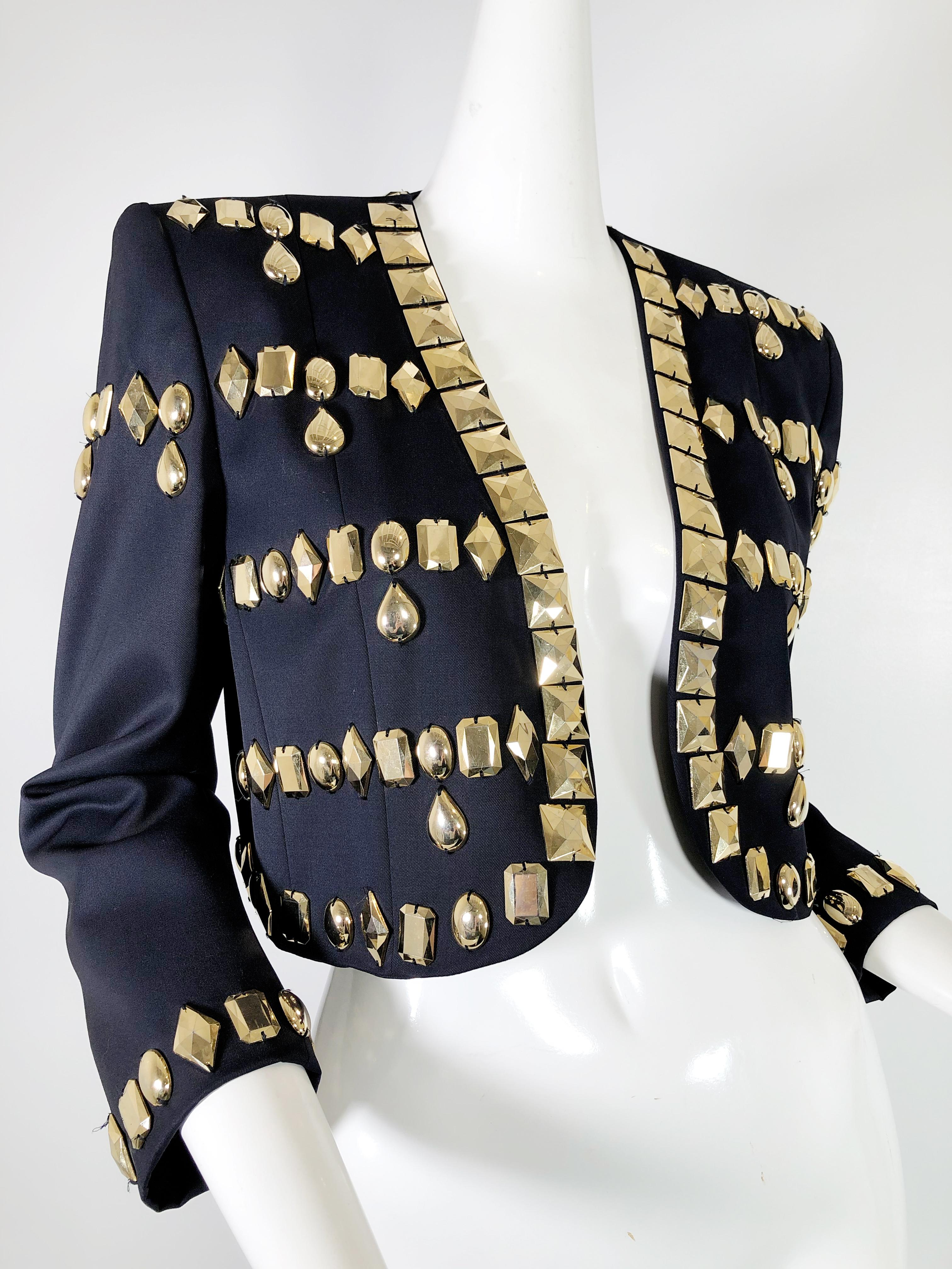Women's 1980s Escada by Margaretha Ley Black Wool Gabardine Jacket w Gold Resin Studding