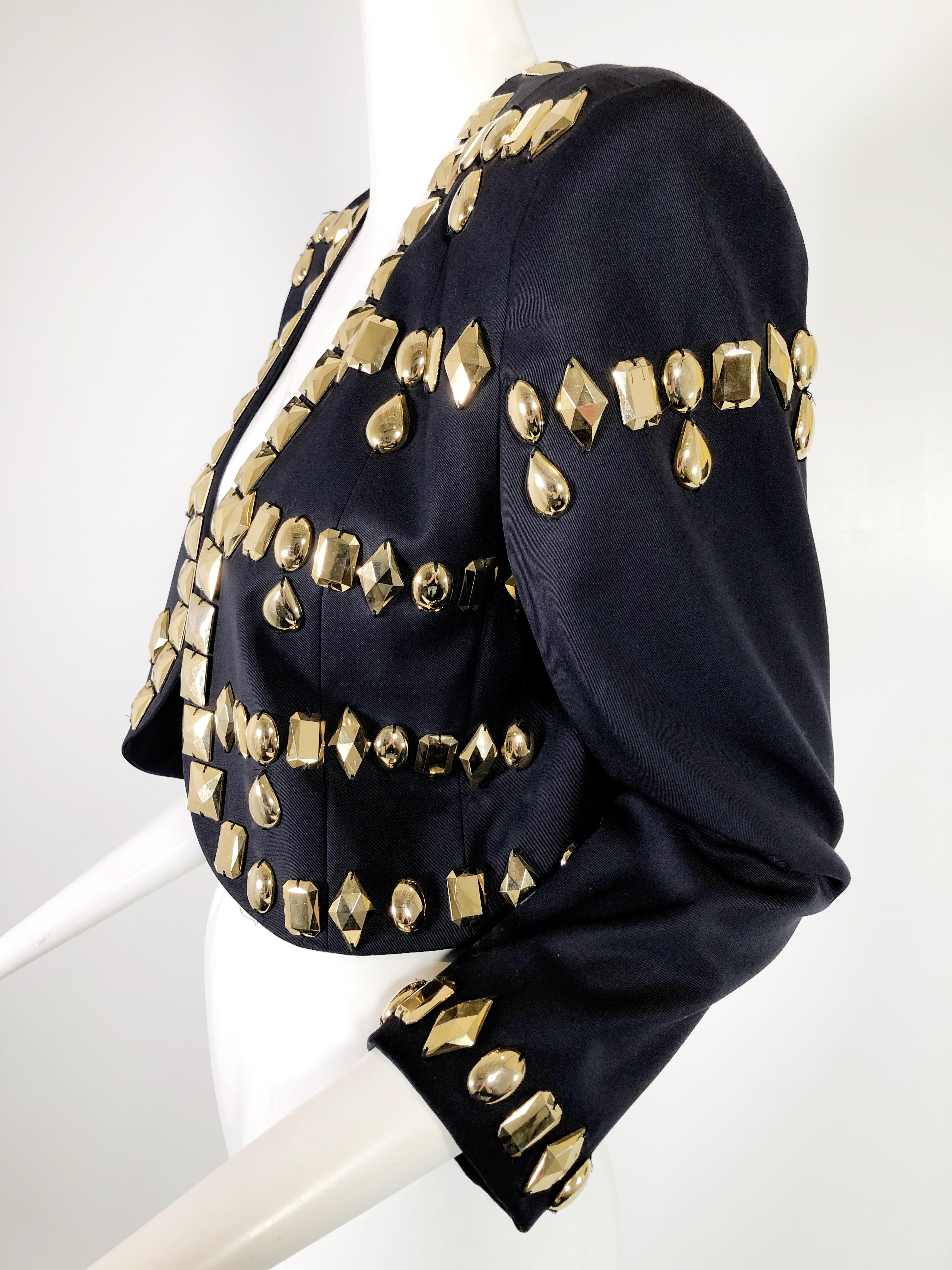 1980s Escada by Margaretha Ley Black Wool Gabardine Jacket w Gold Resin Studding 1