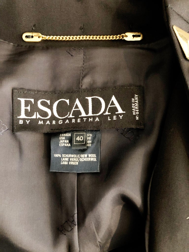 1980s Escada by Margaretha Ley Black Wool Gabardine Jacket w Gold Resin ...