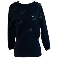 Vintage 1980s Escada by Margaretha Ley Peekaboo Side Black Sequin Embellished Sweater 