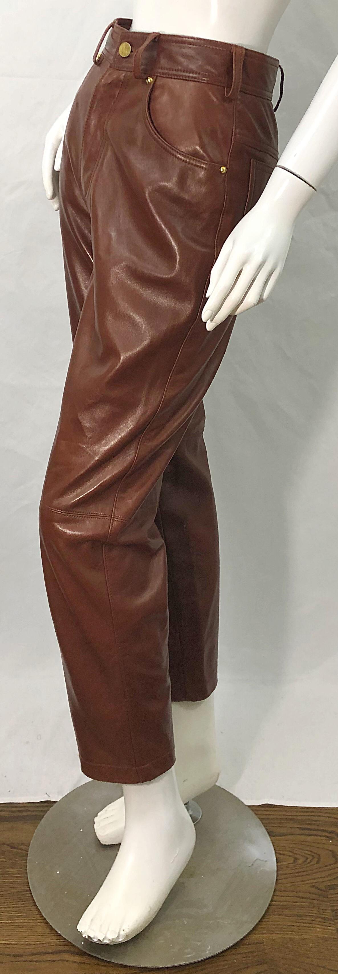 1990s Escada by Margaretha Ley Size 34 / US 2 Caramel Brown 80s Leather Pants For Sale 1