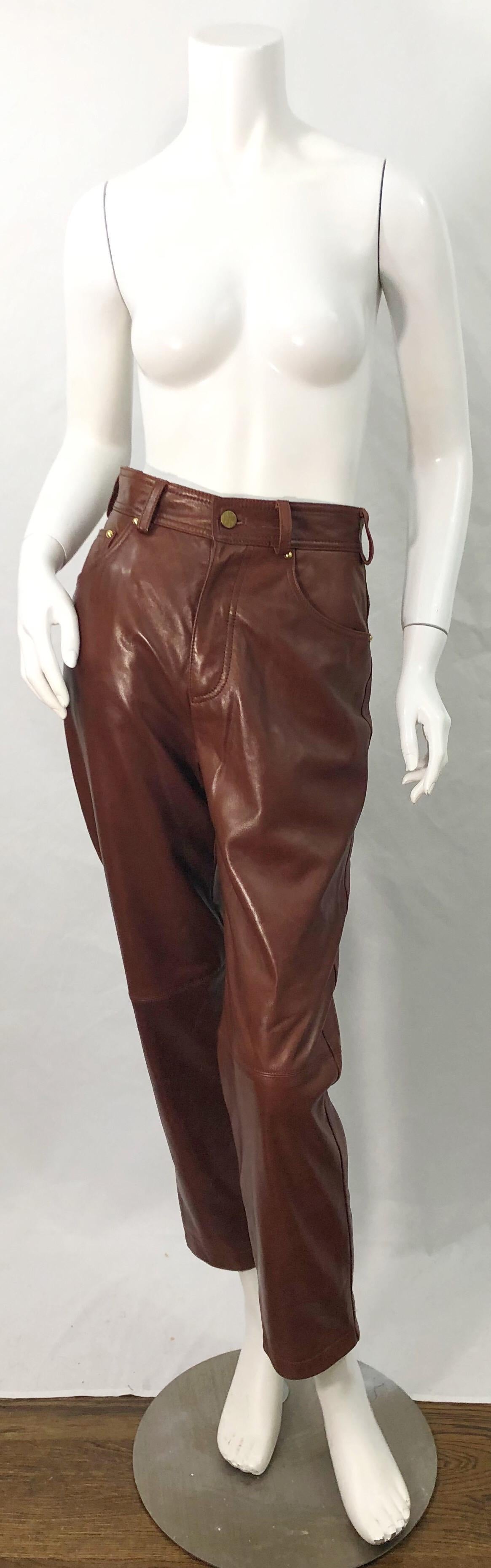 1990s Escada by Margaretha Ley Size 34 / US 2 Caramel Brown 80s Leather Pants For Sale 2