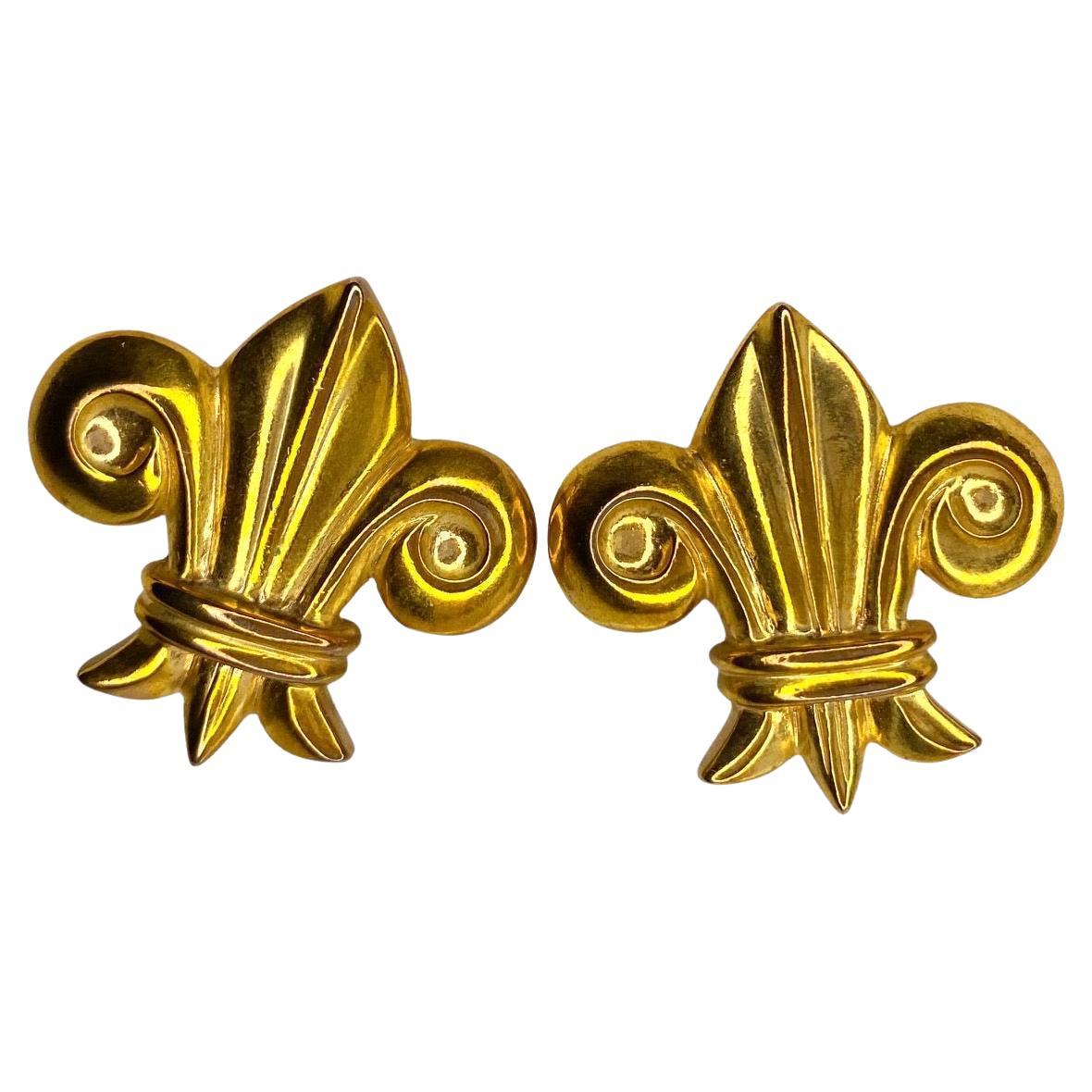 1980s ESCADA Clip On Fleur de Lys Gold Plated Earrings For Sale