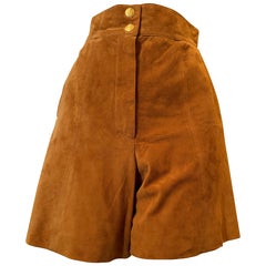 1980s Escada Cognac-Color Suede High-Waisted Shorts w Zip Fly & Side Pockets