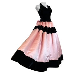 1980s Escada Couture Pink Satin & Velvet Halter Ball Gown w Orig Underskirting